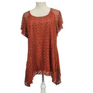 Dressbarn Open Crochet Lace Knit Tunic Top L Orange Handkerchief Boho Lined